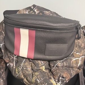 Bally Black Leather Belt Bag with Red and Cream Stripes